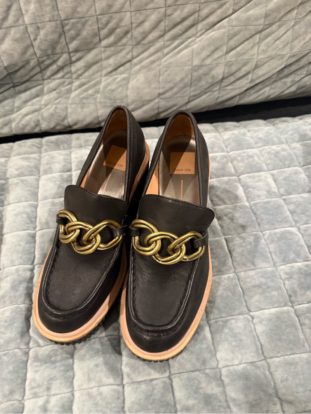 Dolce Vita Black Leather Loafers with Gold Chain Accent